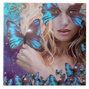 ティール（緑がかった色）の緑金ゴールドの輝きの青い蝶 タイル