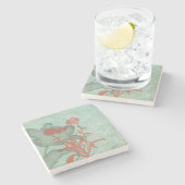 ティール（緑がかった色）の背景の赤い花のシルエット ストーンコースター (横)