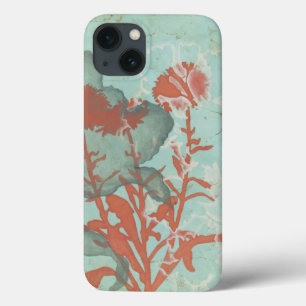 ティール（緑がかった色）の背景の赤い花のシルエット iPhone 13ケース