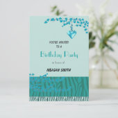 ティール(緑がかった色)の花咲きバースデーパーティーへの招待 招待状 (スタンド正面)