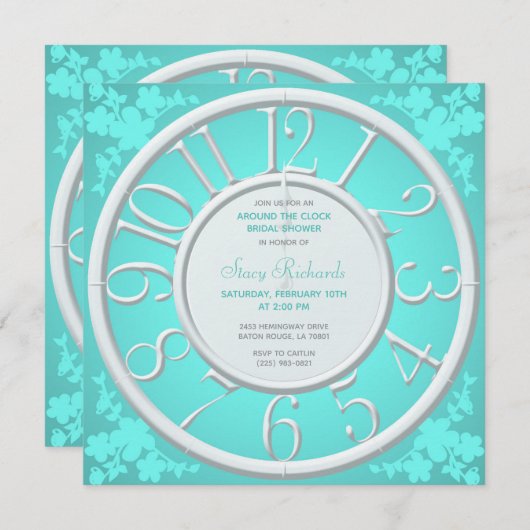 ティール（緑がかった色）の花柄の休みなくブライダルシャワーの招待 招待状 (正面/裏面)