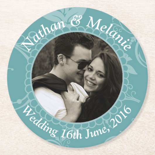 ティール（緑がかった色）の花柄 ラウンドペーパーコースター (正面)