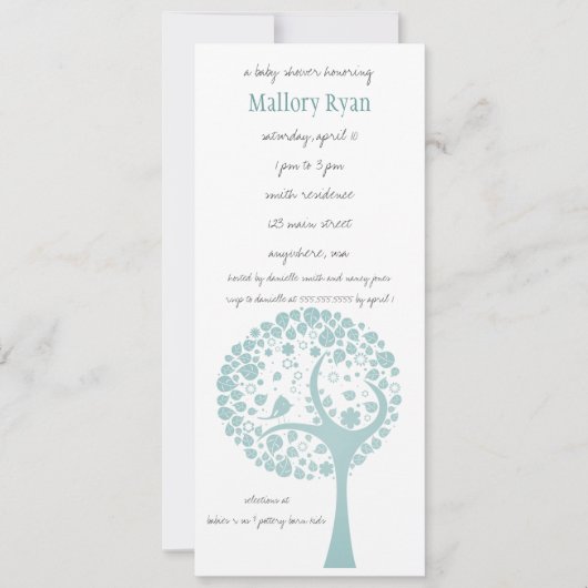 ティール（緑がかった色）の花盛りの木のベビーシャワーの招待状 招待状 (正面)