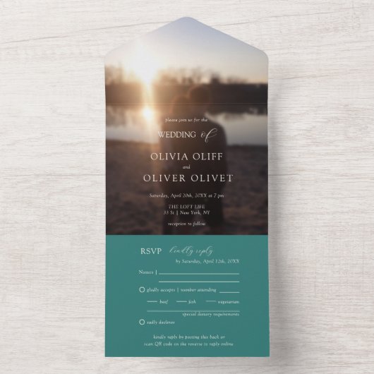 ティール（緑がかった色）の花結婚写真の全てを1つの招待状 オールインワン招待状 (内側)