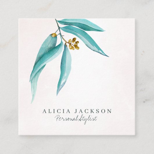 ティール（緑がかった色）の葉の水の色の個人用モダンスタイリスト スクエア名刺 (正面)