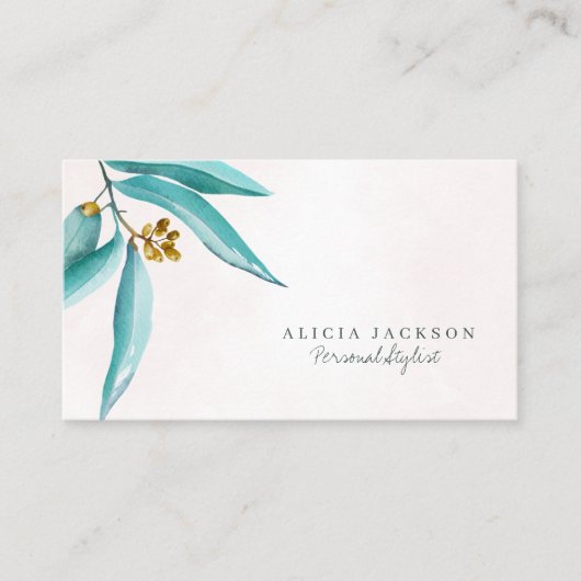 ティール（緑がかった色）の葉の水の色の個人用モダンスタイリスト 名刺 (正面)