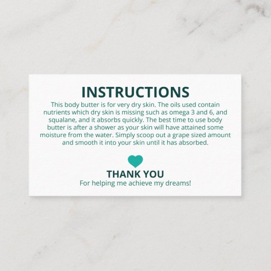 ティール(緑がかった色)の葉材の指示 名刺 (裏面)