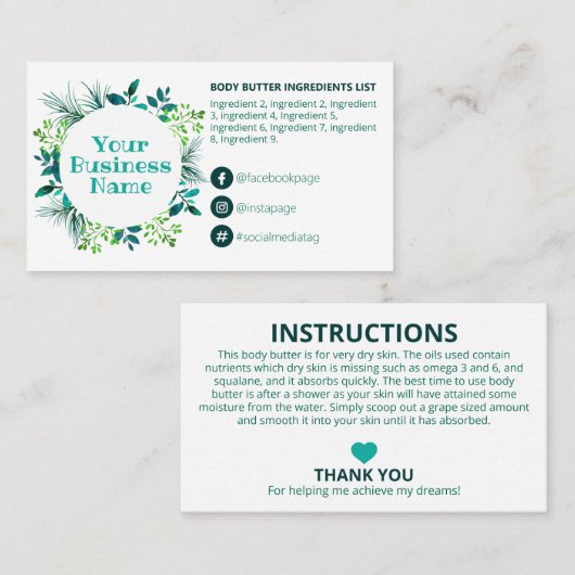 ティール（緑がかった色）の葉材の指示 名刺 (正面/裏面)