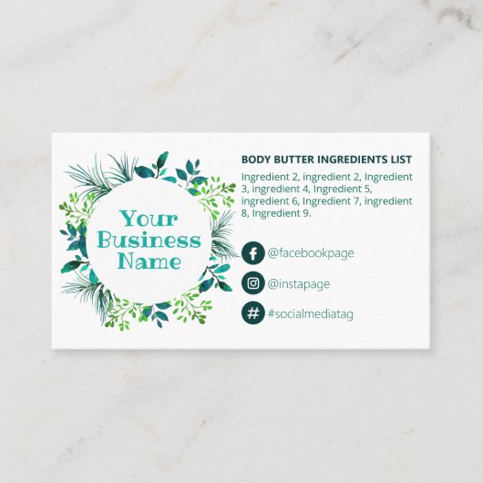 ティール（緑がかった色）の葉材の指示 名刺 (正面)