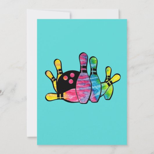 ティール(緑がかった色)の誕生会が付いているタイによって染められるボーリング・ピン 招待状 (裏面)