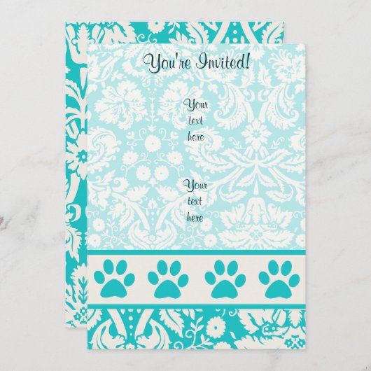 ティール(緑がかった色)の足のプリント 招待状 (正面/裏面)