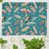 ティール（緑がかった色）の部族の羽毛パターン キッチンタオル (折り畳み)