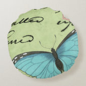 ティール(緑がかった色)の郵便はがきの青飛んだ蝶 ラウンドクッション (裏面)