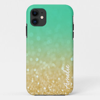 ティール（緑がかった色）の金ゴールドのグラデーションなグリッターパーソナライズな一流のIphone  iPhone 11 ケース