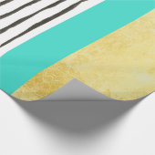 ティール（緑がかった色）の金ゴールドの白黒ストライプの包装紙 ラッピングペーパー (角)