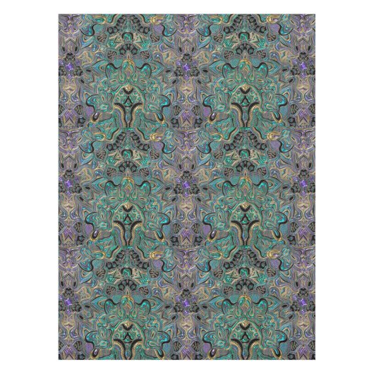 ティール（緑がかった色）の金ゴールドの紫色の黒い曼荼羅 テーブルクロス (正面)