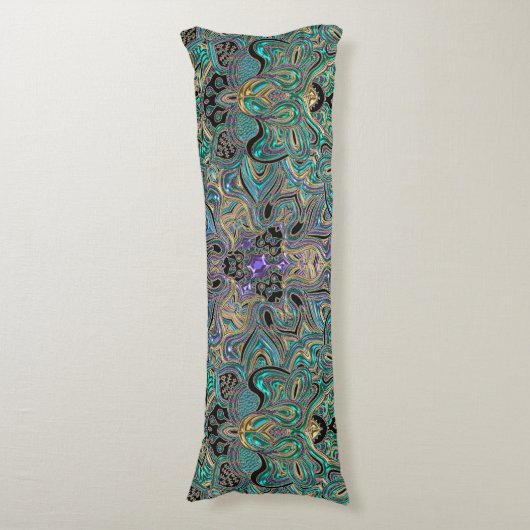 ティール（緑がかった色）の金ゴールドの紫色の黒い曼荼羅 ボディピロー (正面縦)