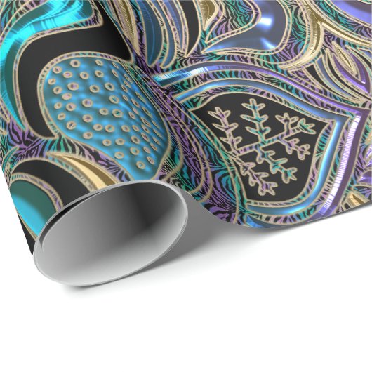 ティール（緑がかった色）の金ゴールドの紫色の黒い曼荼羅 ラッピングペーパー (ロールコーナー)