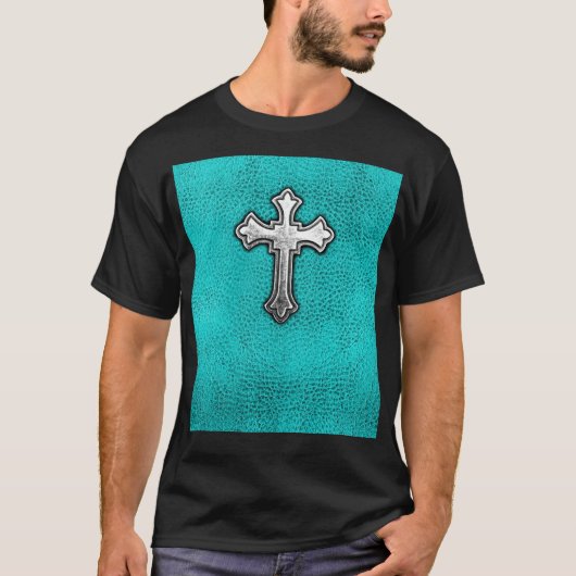 ティール(緑がかった色)の金属の十字 Tシャツ (正面)