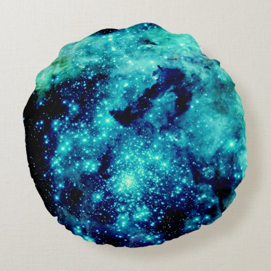 ティール（緑がかった色）の銀河系 ラウンドクッション (裏面)
