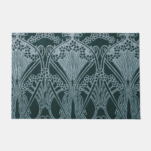 、ティール(緑がかった色)の銀美しい、アールヌーボーパターン、花柄、m ドアマット (正面)