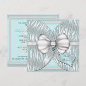 ティール（緑がかった色）の銀製のシマウマの招待のリボン及び宝石で飾られた弓 招待状 (正面/裏面)