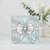 ティール（緑がかった色）の銀製のシマウマの招待のリボン及び宝石で飾られた弓 招待状 (スタンド正面)