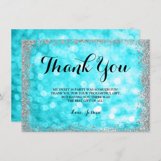 ティール（緑がかった色）の銀製のフェイクなグリッターは菓子16をつけます サンキューカード (正面/裏面)