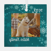 ティール(緑がかった色)の雪のパーソナライズされた結晶の飾り ガラスオーナメント (裏面)