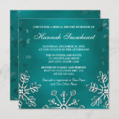 ティール(緑がかった色)の雪片のブライダルシャワー 招待状 (正面/裏面)