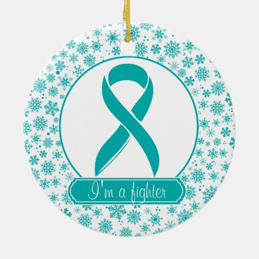 ティール（緑がかった色）の雪片の卵巣癌のオーナメント セラミックオーナメント (裏面)