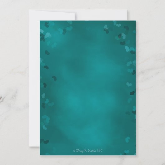 ティール(緑がかった色)の雪片はウェディングシャワーをつなぎます 招待状 (裏面)
