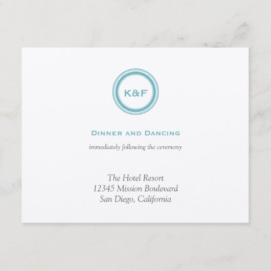 ティール(緑がかった色)の青いイニシャルの結婚披露宴のエンクロージャ エンクロージャーカード (正面)