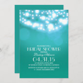 ティール(緑がかった色)の青いストリングライトヴィンテージブライダルシャワー 招待状 (正面/裏面)