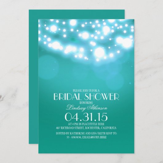 ティール（緑がかった色）の青いストリングライトヴィンテージブライダルシャワー 招待状 (正面/裏面)