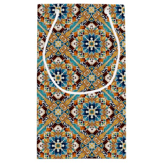 ティール（緑がかった色）の青いタラベラのタイルヴィンテージメキシ結婚コの スモールペーパーバッグ (裏面)