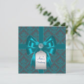 ティール(緑がかった色)の青いダマスク織のベビーの洗礼の《キリスト教》洗礼式や命名式 招待状 (スタンド正面)