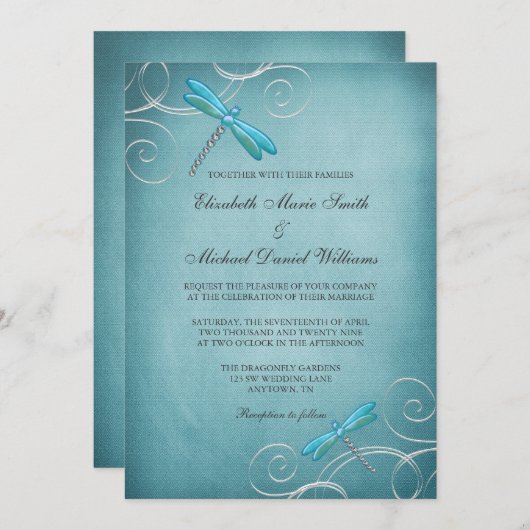 ティール(緑がかった色)の青いトンボは結婚式渦巻きます 招待状 (正面/裏面)