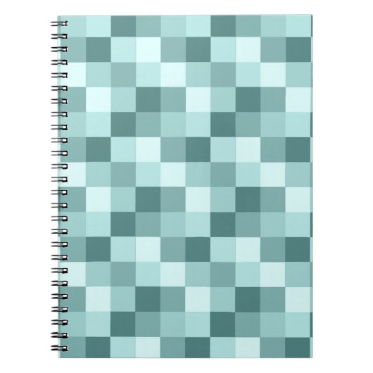 ティール(緑がかった色)の青いモノクロチェック模様のパターン ノートブック (正面)