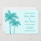 ティール(緑がかった色)の青いヤシの木のセーブ・ザ・デート案内 セーブザデート (正面)