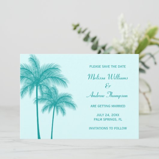 ティール(緑がかった色)の青いヤシの木のセーブ・ザ・デート案内 セーブザデート (スタンド正面)
