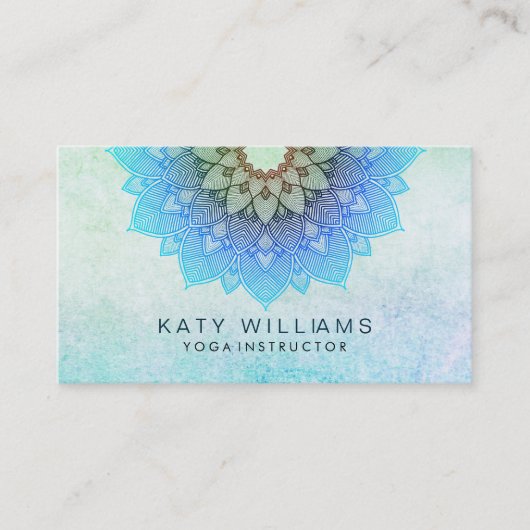 ティール(緑がかった色)の青いヨガのインストラクターのはすの花の水彩画 名刺 (正面)