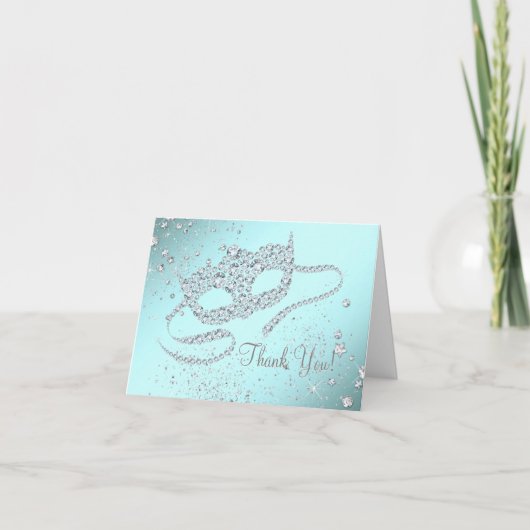 ティール（緑がかった色）の青い仮面舞踏会のパーティーは感謝していしています サンキューカード (正面)