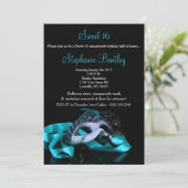 ティール（緑がかった色）の青い仮面舞踏会の菓子16の誕生日の招待状 招待状 (スタンド正面)