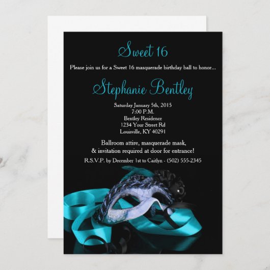 ティール（緑がかった色）の青い仮面舞踏会の菓子16の誕生日の招待状 招待状 (正面/裏面)