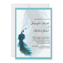 ティール（緑がかった色）の青い孔雀の羽毛の結婚式招待状
