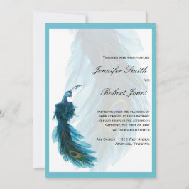 ティール（緑がかった色）の青い孔雀の羽毛の結婚式招待状 招待状