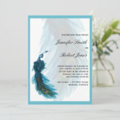 ティール(緑がかった色)の青い孔雀の羽毛の結婚式招待状 招待状 (スタンド正面)