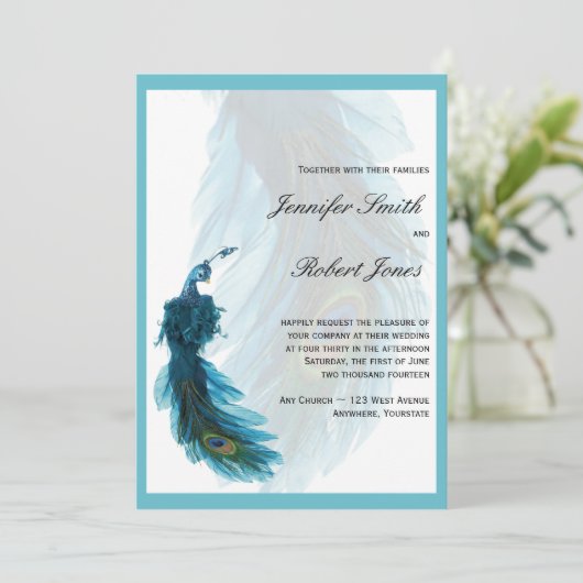 ティール（緑がかった色）の青い孔雀の羽毛の結婚式招待状 招待状 (スタンド正面)