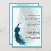 ティール(緑がかった色)の青い孔雀の羽毛の結婚式招待状 招待状 (正面/裏面)